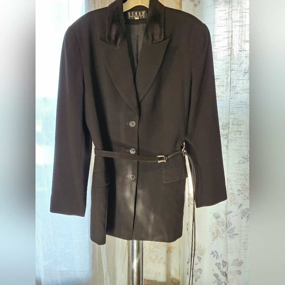 Women's Black Kenar Jacket with Belt and Faux Fur Collar